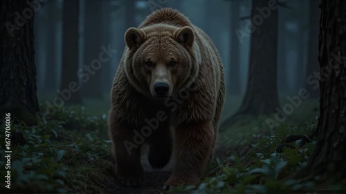 A large brown bear strolls through a misty forest at twilight.