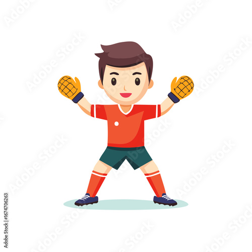Boy Goalkeeper in Uniform Ready to Defend Goal Wearing Gloves for Football Match
