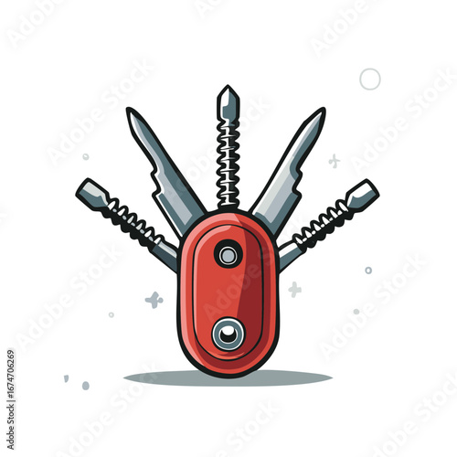 Red Multi-Tool with Various Blades and Attachments Illustration Icon
