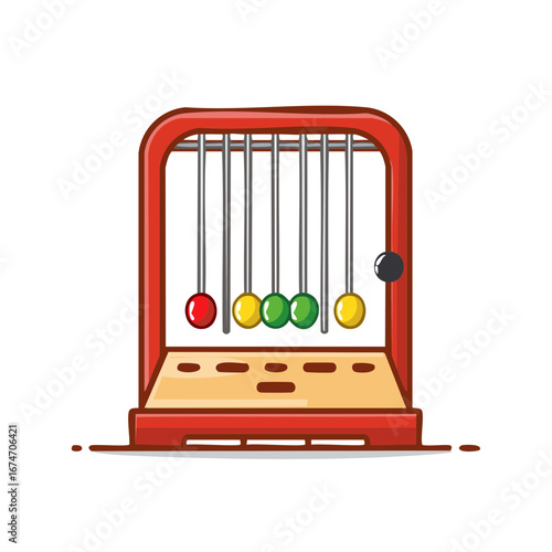 Illustration of a Newton's cradle toy.  Colorful balls in a red frame.
