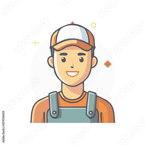 Friendly cartoon man wearing a baseball cap and overalls, smiling confidently