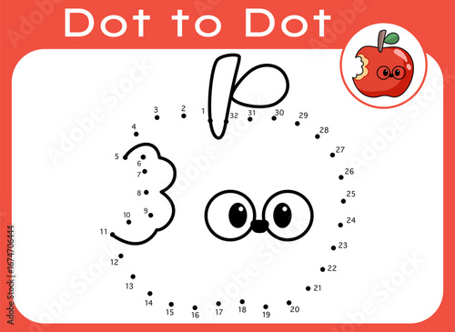 Cute apple Dot to Dot Activity Page for Kids. Fruit connect the dots worksheets for kids. Fruit coloring page for kids. Printable education activity. Kids learning material.	
