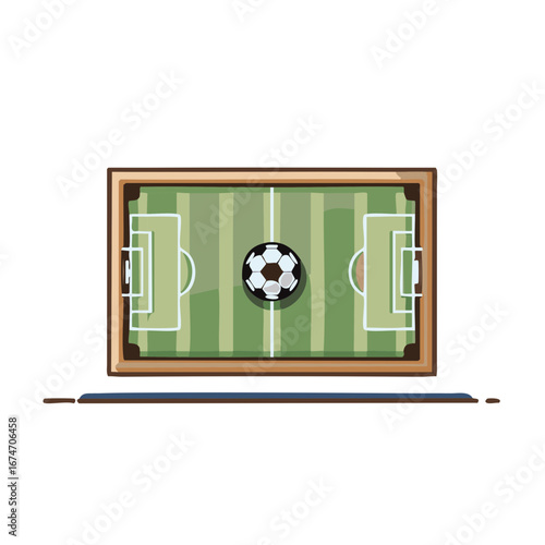 Top view of a cartoon soccer field with ball and border, sports concept
