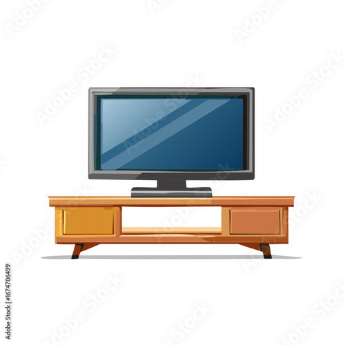 Cartoon flat screen television on wooden TV stand with drawers digital illustration