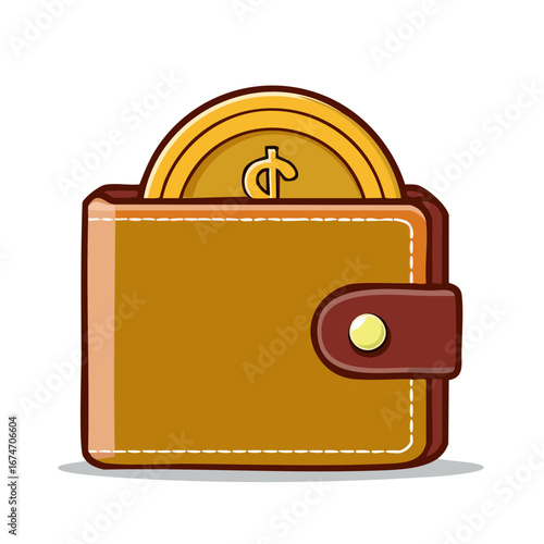 Brown leather wallet with dollar coin illustration. Symbol of savings and wealth. Financial investments in the form of money in a purse.