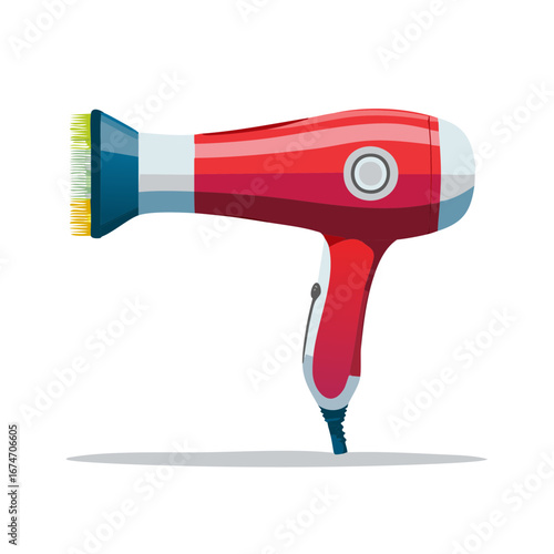 Stylized hair dryer vector illustration with grooming attachment for styling and drying hair with adjustable settings and cool shot button