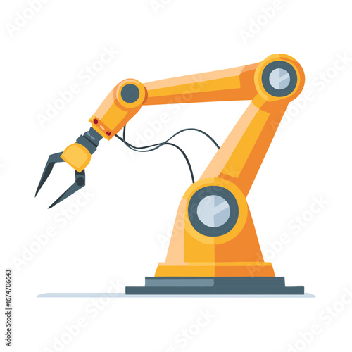 Yellow robotic arm illustration, automated industrial design, technology concept.