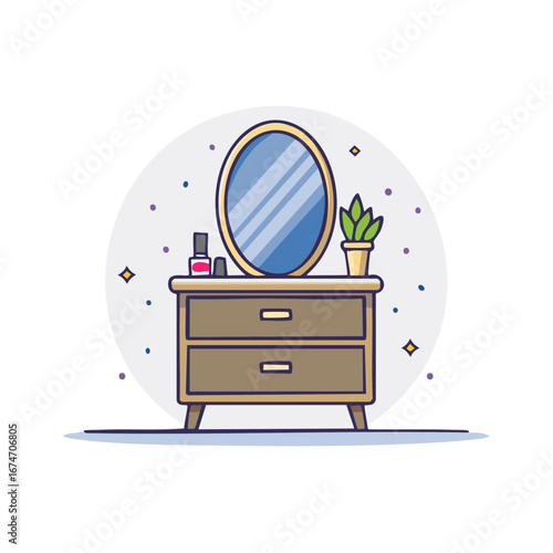 Bedroom Dresser Vanity with Mirror, Nail Polish and Potted Plant, Flat Illustration