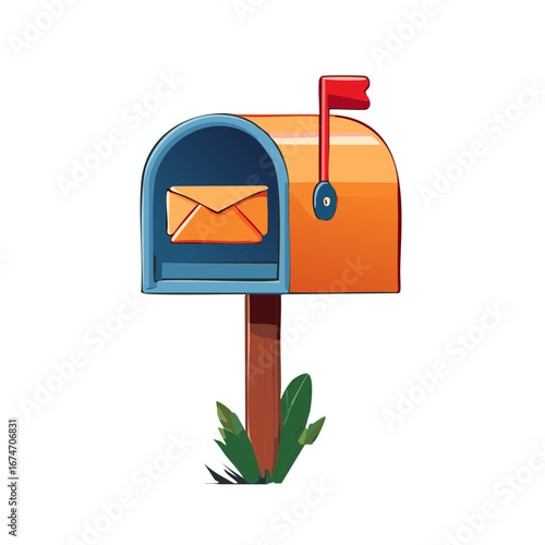 Illustration of mailbox with raised red flag and a letter inside on white background.