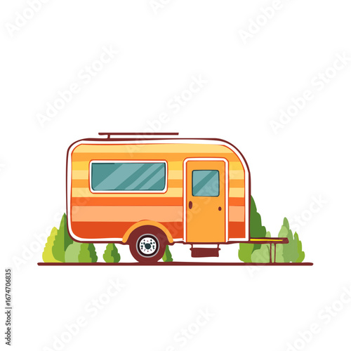 Illustrated vintage camping trailer in orange and yellow colors, parked in front of green bushes and trees