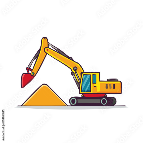 Bright Construction Excavator Cartoon Illustration of Heavy Machinery Digging a Pile of Soil for Construction