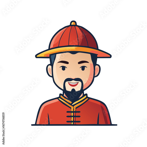Smiling cartoon man with beard wearing traditional red Asian hat and cultural attire