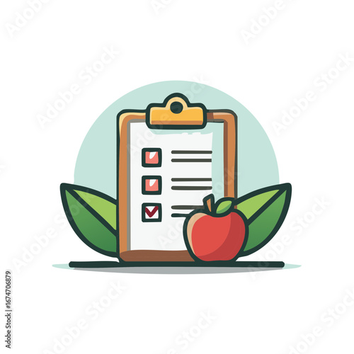 Checklist with Apple and Leaves - Healthy eating, diet plan, wellness concept.