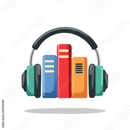 Three colorful books wearing headphones for audiobook concept illustration, learning and education ideas, podcast creative banner