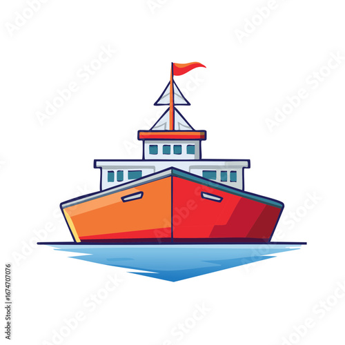 Cartoon style illustration of a red and orange ship with a flag sailing on water.