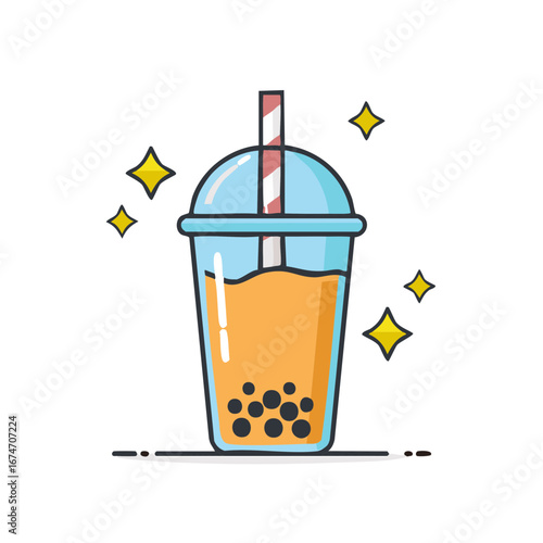 Cartoon illustration of bubble tea with straw and stars
