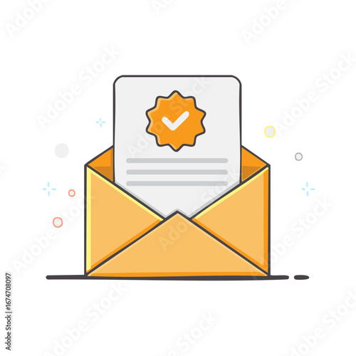 Illustration of an open envelope with a certified document and checkmark inside