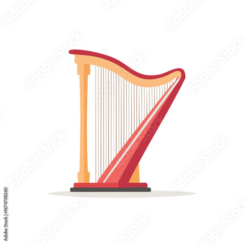 Stylized Red and Gold Harp Musical String Instrument Flat Vector Illustration for Classical Music Themes