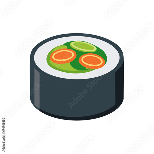 Isometric Sushi Roll with Vegetable Fillings and Nori Seaweed
