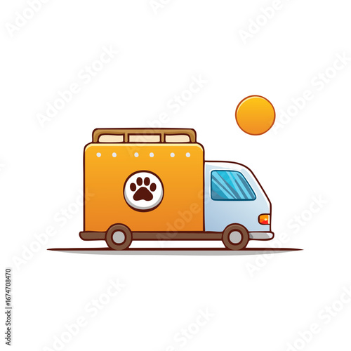 Cartoon illustration of a pet ambulance with paw print logo, sunlight, and transporting animals.