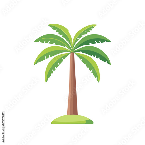 Flat design illustration of a tropical green palm tree with brown trunk representing summer travel and island paradise