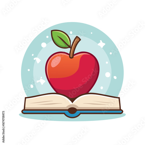 Bright red apple with green leaf on an open book education and knowledge symbol