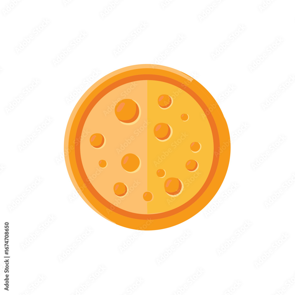 Flat vector illustration of a round cheese with holes and two color sections.