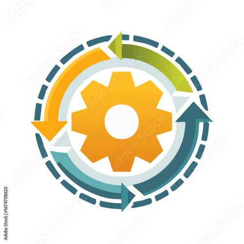 Abstract gear icon with colorful circular arrows representing continuous process workflow and system