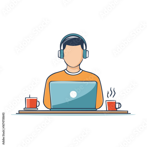 Person with headphones at laptop on desk with beverages illustration vector