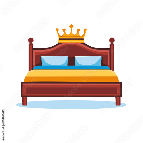 Luxurious King Size Bed with Golden Crown Decoration Comfort Royalty