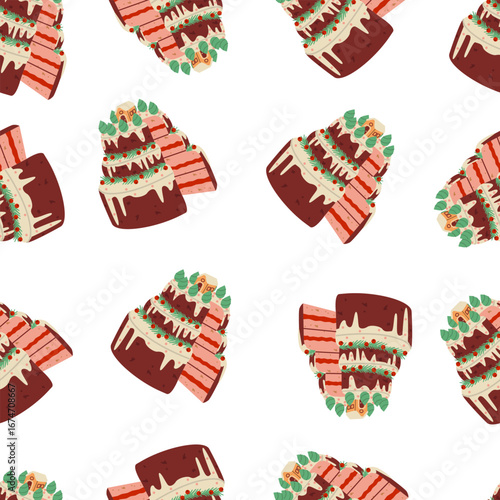 Christmas cakes seamless pattern. Design for wrapping paper, bakery packaging, fabric designs, and cafe decor