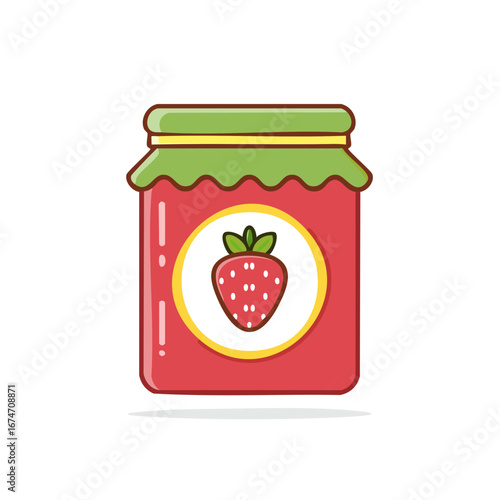 Sweet red strawberry jam in a charming cartoon jar with a decorative fruit label