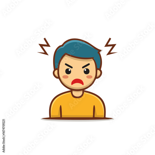 Cartoon boy with blue hair expressing anger with zigzag lines above his head