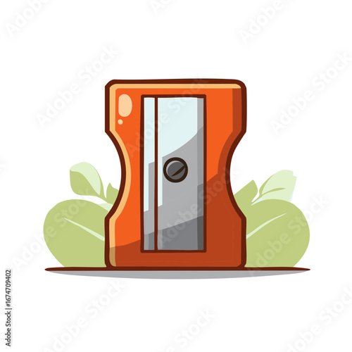 Vibrant Orange Pencil Sharpener with Green Leaves on White Background