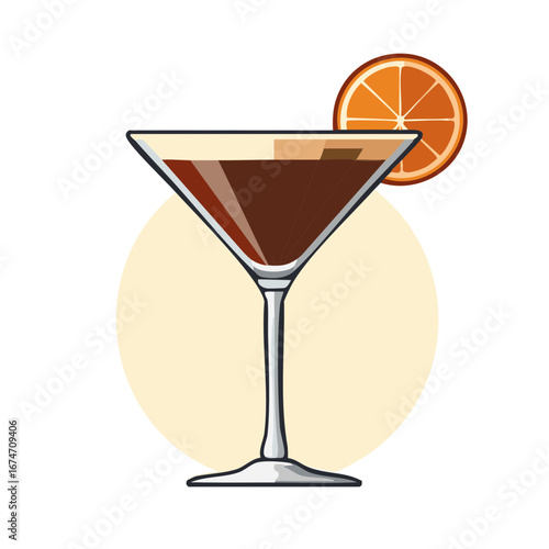 Brown cocktail in a martini glass with an orange slice garnish isolated on white.