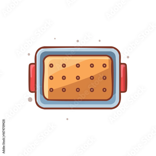 Cartoon illustration of a baking dish with cooked food, top view, home kitchen meal preparation, dessert