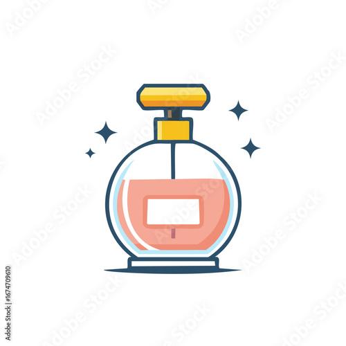 Clean vector illustration of a sparkling round pink perfume bottle