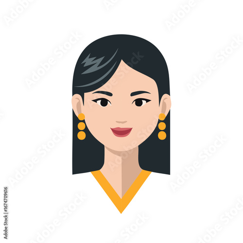 Modern flat design avatar portrait of an Asian woman with long dark hair and elegant earrings