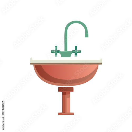 Illustration of a bathroom sink with a green faucet and terracotta basin for washing hands in residential interior