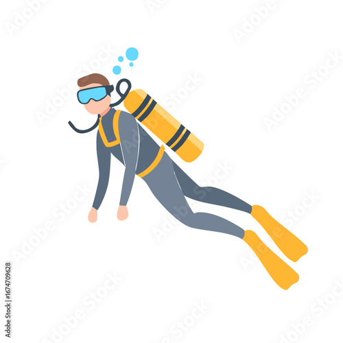 Cartoon illustration of a scuba diver wearing wetsuit mask fins and air tank swimming underwater