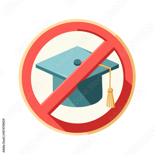 Vector icon of a prohibition sign over a graduation cap symbolizing no school or dropping out