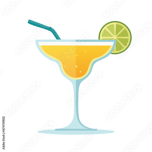 Refreshing Orange Margarita Cocktail with Lime Slice and Blue Straw Flat Vector Style Summer Drink Icon Isolated