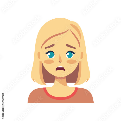 Blond woman with concerned facial expression showing anxiety and stress in an illustration, portrait, close up.