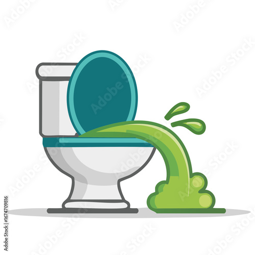 Cartoon toilet with green vomit overflow, sickness, illness, nausea concept illustration