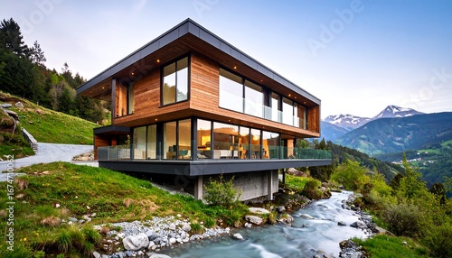 Modern mountain house nestled in valley