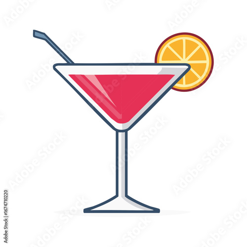 Refreshing red cocktail beverage in a classic martini glass with citrus garnish and drinking straw vector illustration