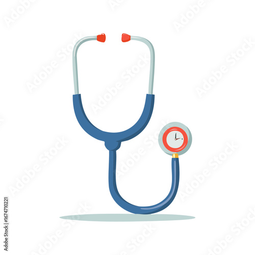Blue medical stethoscope illustration with clock dial symbolizing health diagnosis and timely care