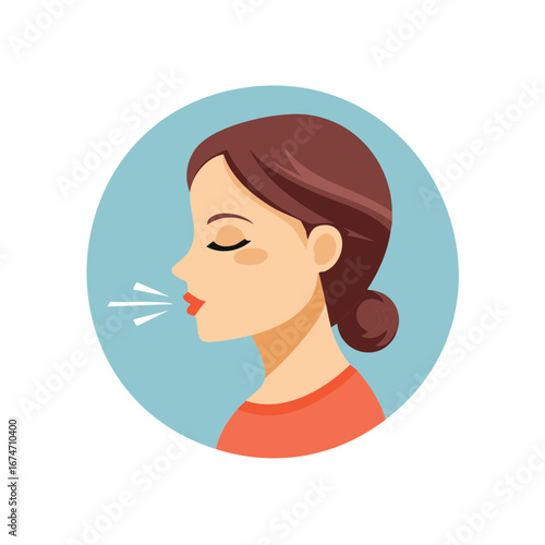 Woman with closed eyes exhaling air, breathing exercise or cough symptom vector icon