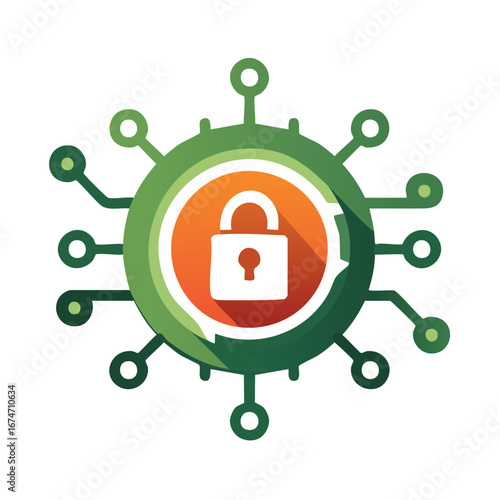 Cybersecurity shield icon featuring a central padlock secured by connecting circuits and network nodes, digital defense concept