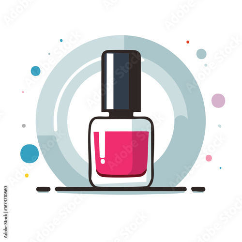 Stylish Pink Nail Polish Illustration on Beauty Circle with Colorful Dots, Featuring Modern Design and Cosmetic Product